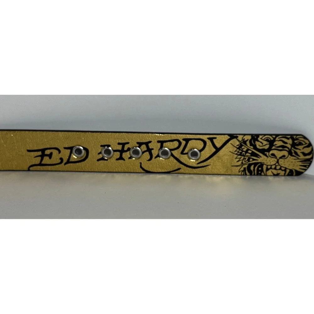 Ed Hardy Mens Gold Metallic Tattoo Print Belt Tiger Skull Snake Size 36 Y2K
